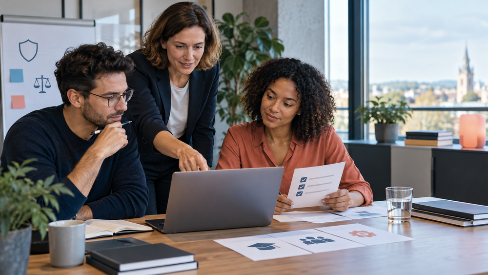 Drei Fachkräfte dokumentieren in einem modernen Büro gemeinsam eine KI-Schulung
