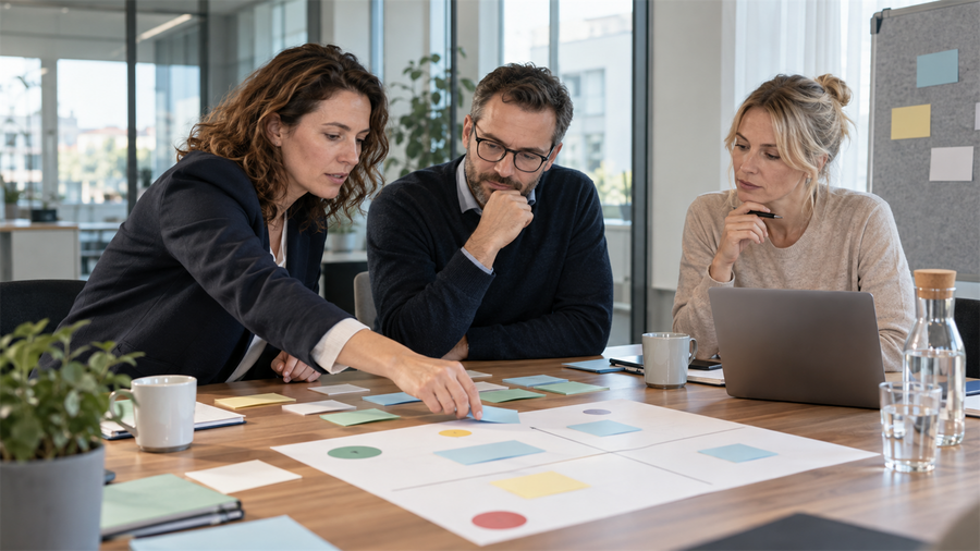 Dreiköpfiges Team bewertet in einem Workshop mögliche KI-Pilotprojekte mit einer Nutzen-Risiko-Matrix