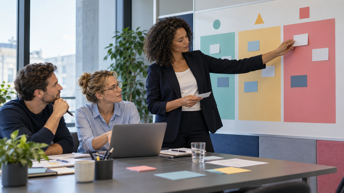 Drei Fachkräfte ordnen KI-Anwendungsfälle in einer Risikobewertung am Workshop-Board