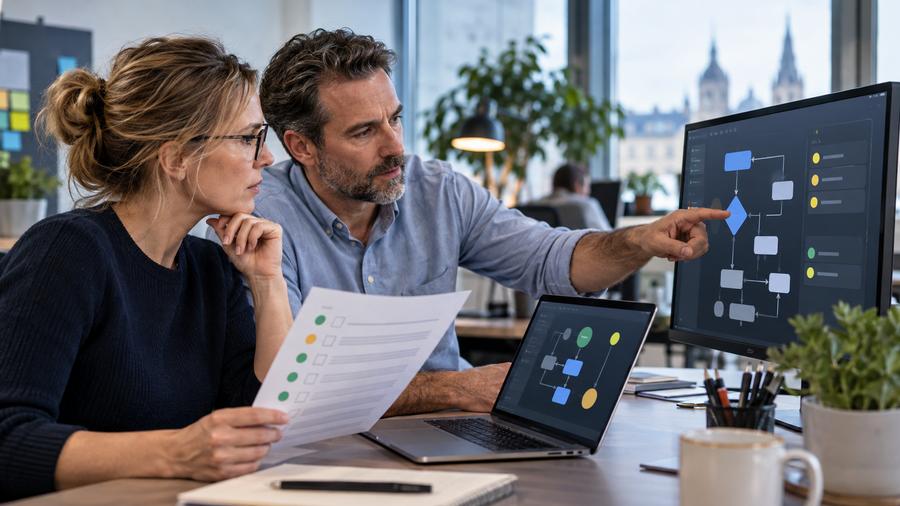 Zwei Fachkräfte prüfen gemeinsam Entscheidungspunkte eines KI-Workflows
