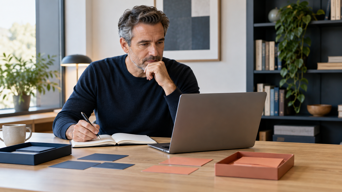 Berufserfahrener Mann vertieft sich am Schreibtisch mit Laptop und Notizbuch in die wirtschaftswissenschaftliche Vorbereitung auf ein MBA-Studium.