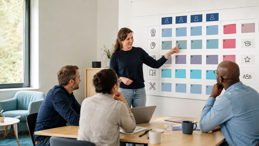 Vier Fachkräfte entwickeln gemeinsam eine Kompetenzmatrix für Qualitätsmanagement und Weiterbildung