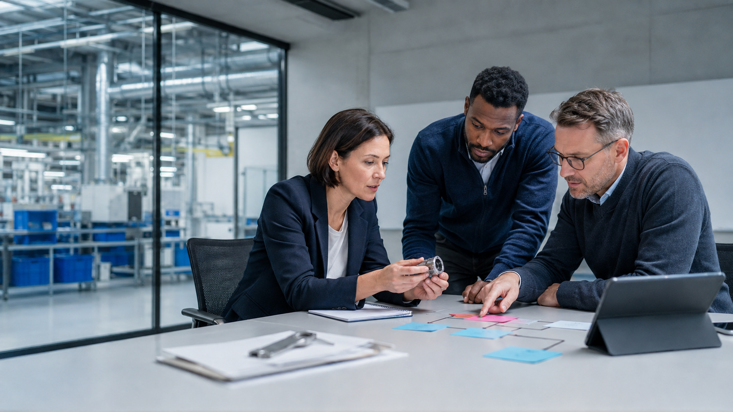 Qualitätsmanagement-Team analysiert einen fehlerhaften Bauteilprozess und plant eine wirksame Korrekturmaßnahme