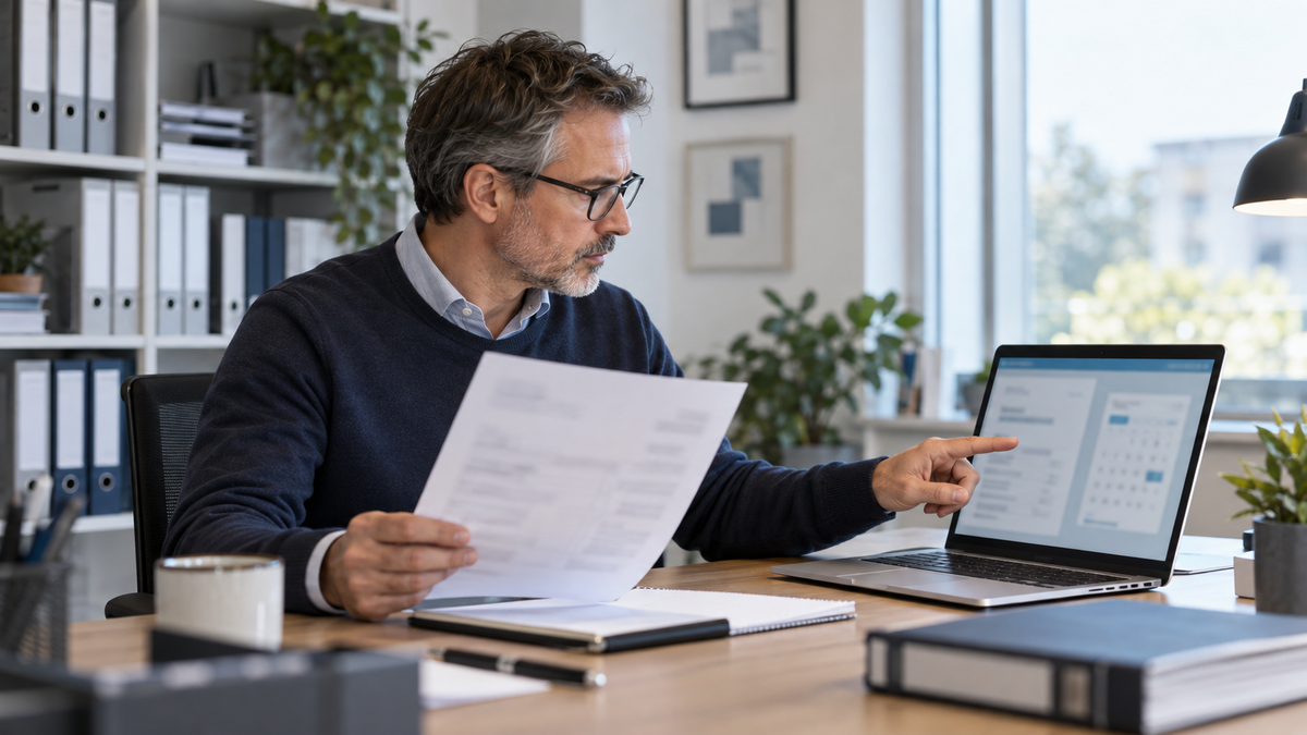 Buchhaltungsfachkraft vergleicht eine Papierrechnung mit digitalen Rechnungs- und Kalenderdaten am Laptop