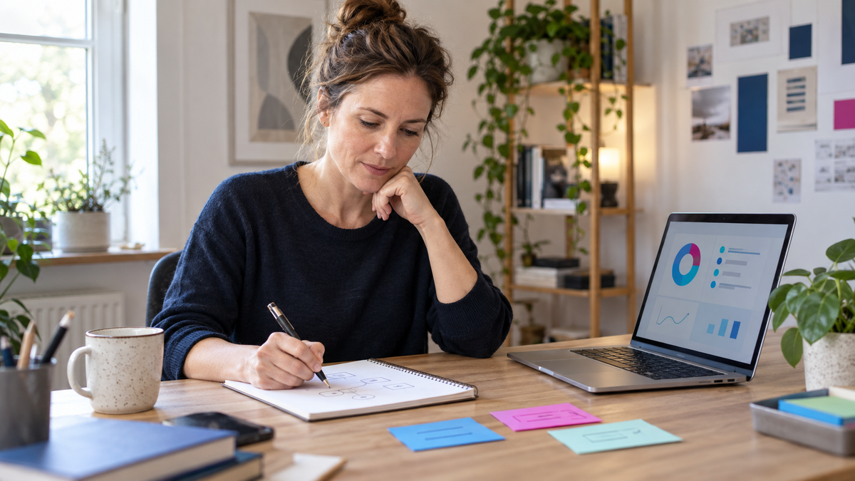Berufstätige Teilnehmerin prüft ihren Lernfortschritt bei einer Online-Weiterbildung am Schreibtisch