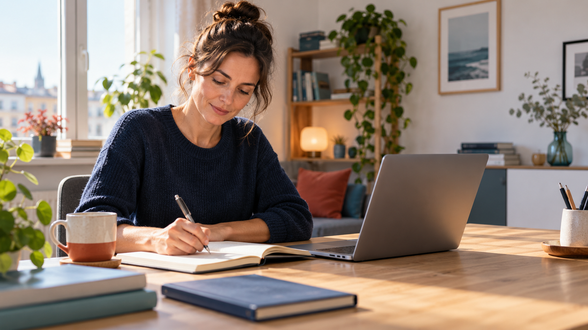 Berufstätige Teilnehmerin führt neben ihrem Laptop ein Lerntagebuch für die Online-Weiterbildung