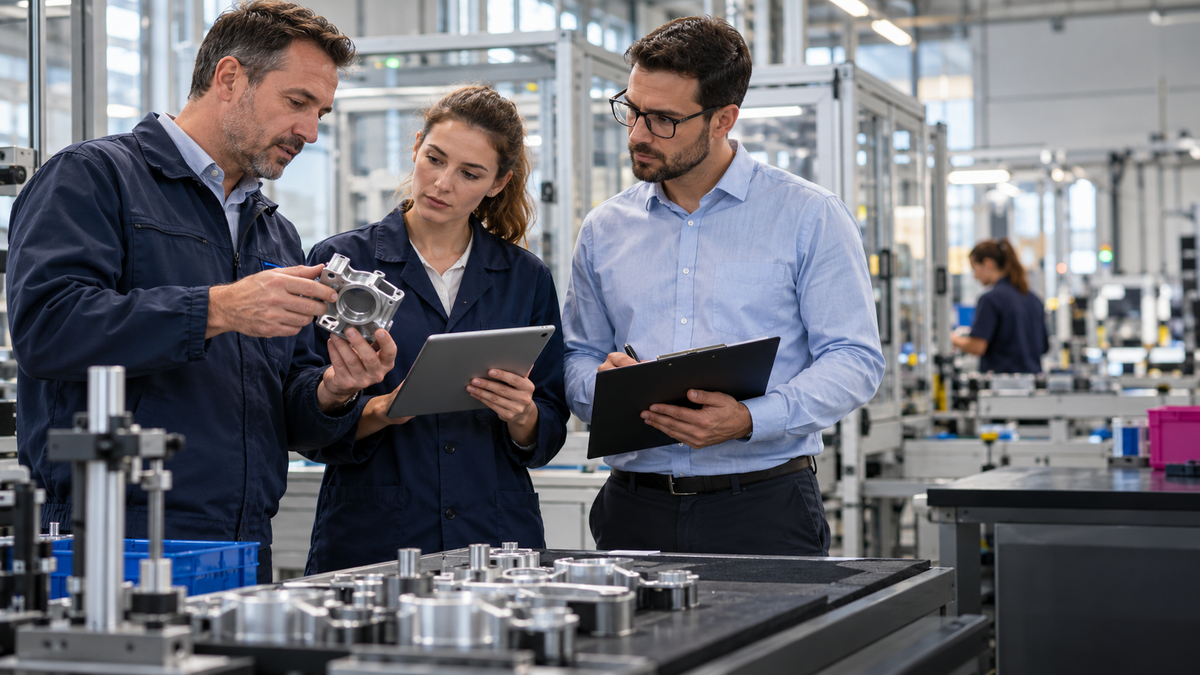 Qualitätsfachkräfte prüfen gemeinsam einen Lieferantenprozess in einer modernen Produktionshalle
