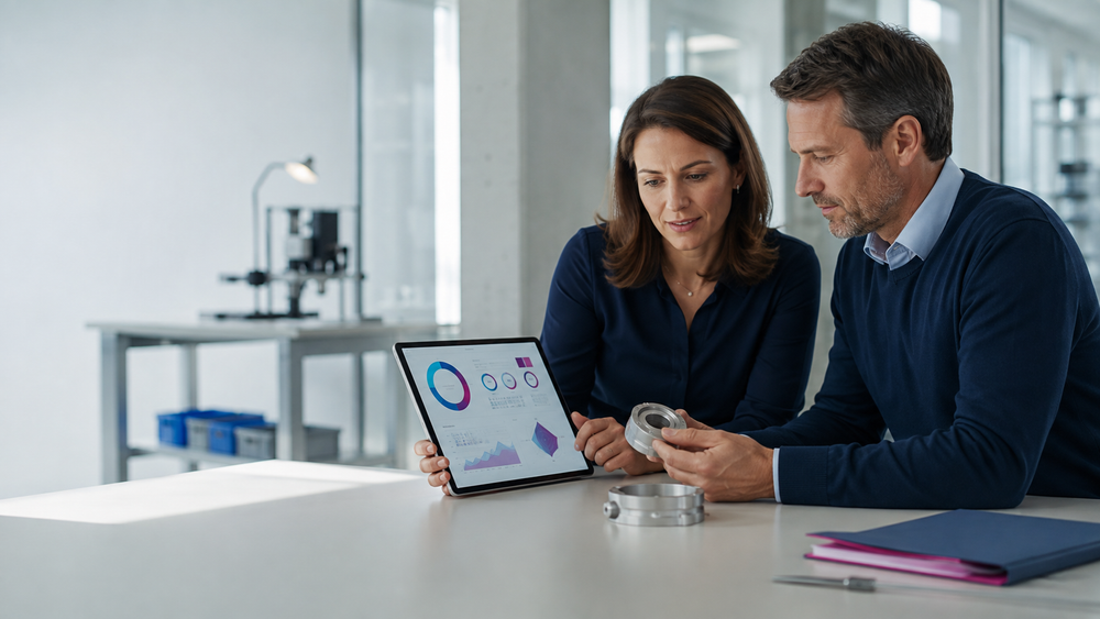 Zwei Fachkräfte aus Qualitätsmanagement und Einkauf bewerten ein Metallbauteil anhand eines Tablets