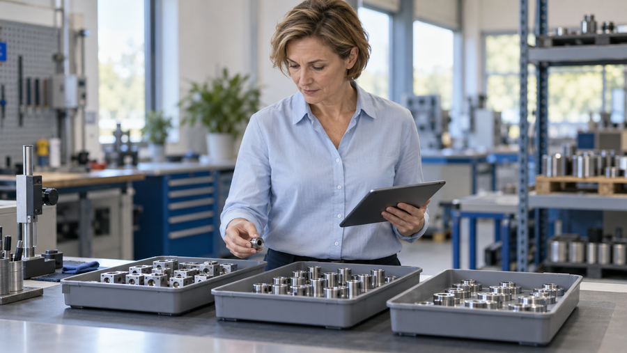 Qualitätsmanagerin betrachtet Metallbauteile in Arbeitsschalen und prüft den Prozessstand auf einem Tablet in einer hellen Werkstatt.