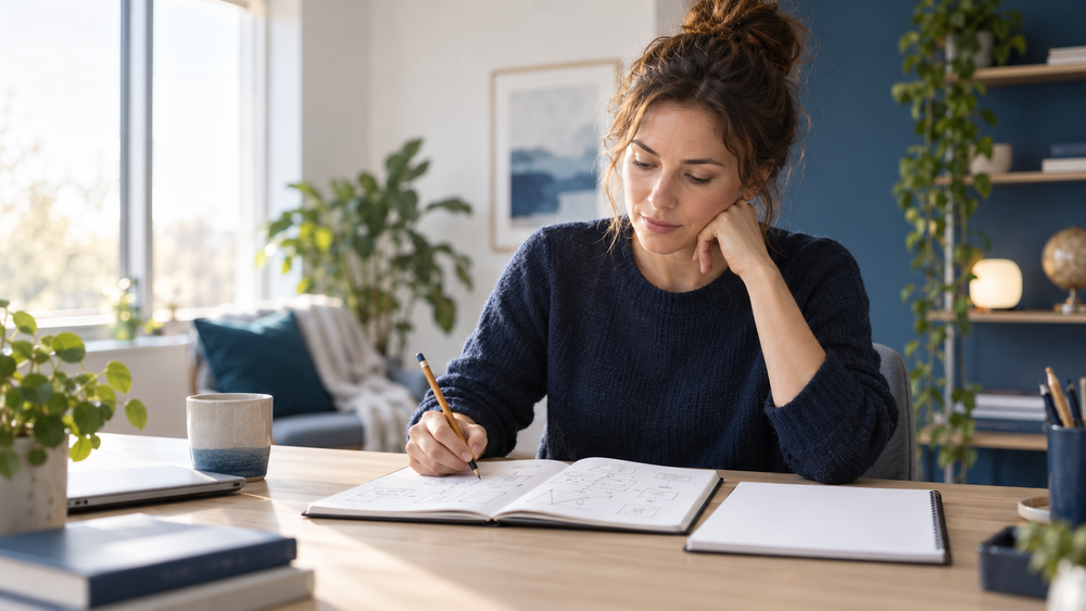 Berufstätige Lernende arbeitet an einem Schreibtisch mit Lösungsbeispiel und leerem Übungsblatt