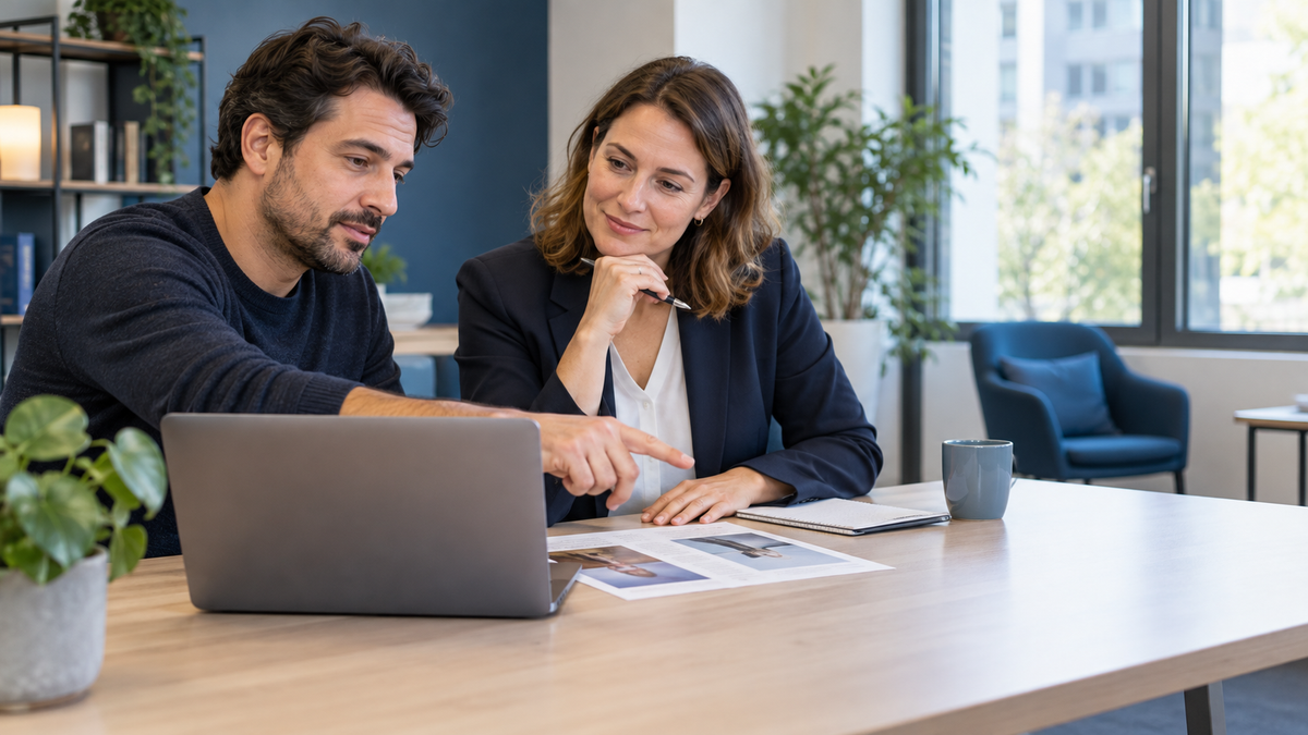 Berufstätiger und Weiterbildungsberaterin vergleichen gemeinsam zwei Kurswege am Laptop