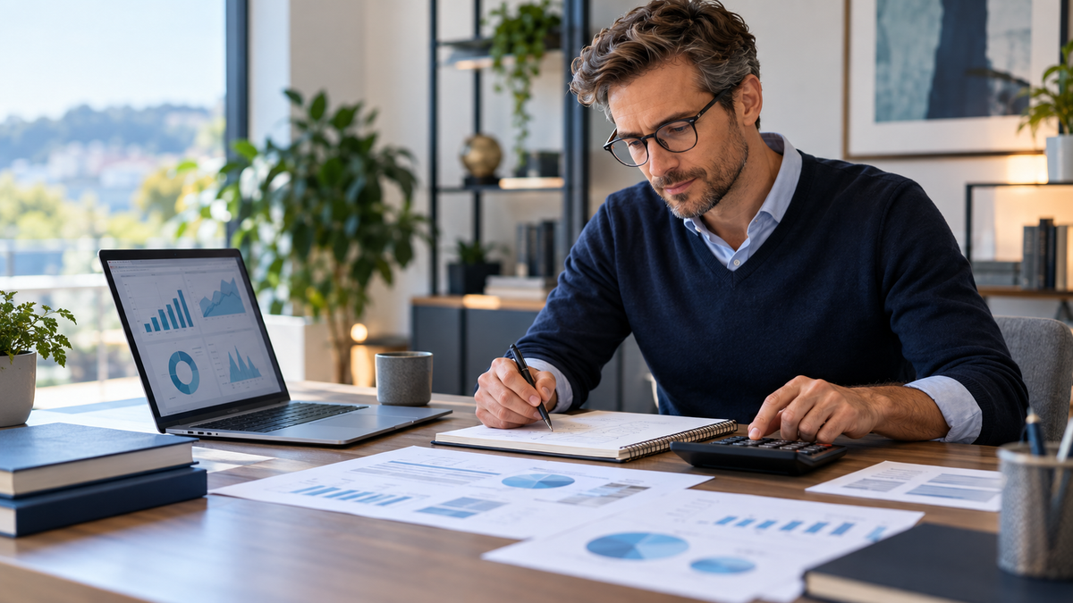 Berufserfahrener MBA-Interessent übt quantitative Grundlagen mit Laptop, Taschenrechner und Diagrammen