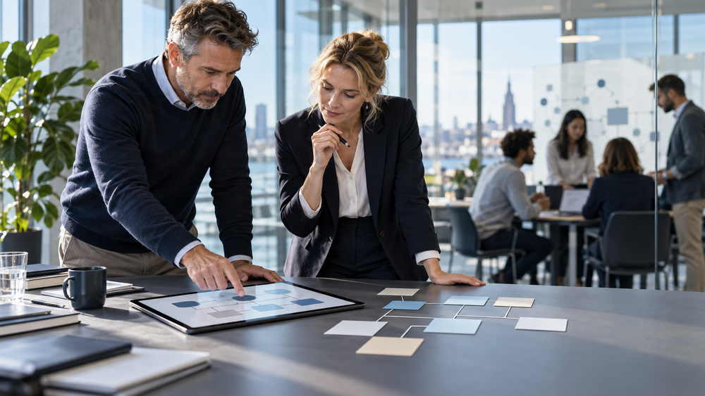 Berufserfahrener MBA-Teilnehmer analysiert mit einer Dozentin Rollen und Entscheidungswege einer Matrixorganisation