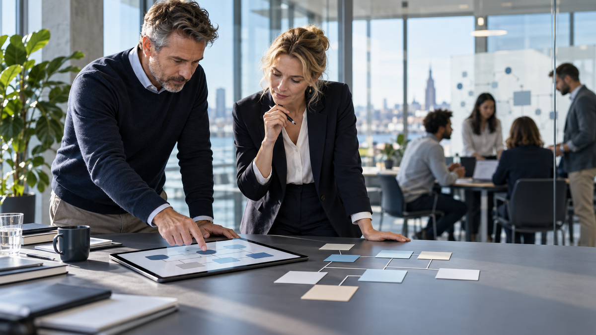 Berufserfahrener MBA-Teilnehmer analysiert mit einer Dozentin Rollen und Entscheidungswege einer Matrixorganisation