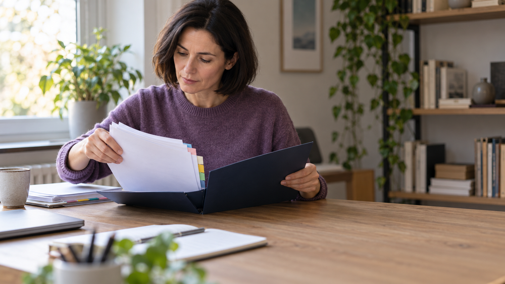 Eine Frau mit dunklem kinnlangem Haar und violettem Pullover ordnet an einem Schreibtisch neutrale Projektunterlagen mit verschiedenfarbigen Registerkarten.