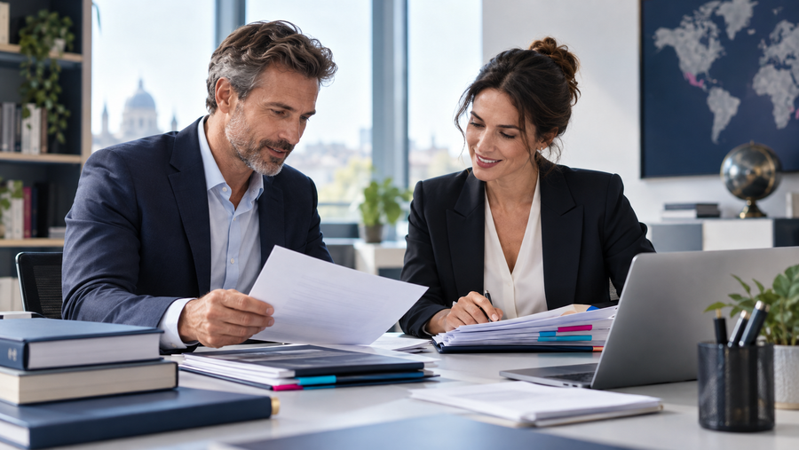 Berufserfahrener MBA-Interessent ordnet mit einer Studienberaterin Zeugnisse und Modulnachweise für die Anrechnungsprüfung