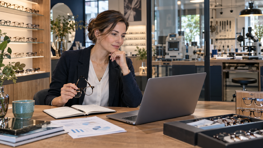 Augenoptikermeisterin entwickelt am Laptop eine Wachstumsstrategie in einem modernen Optikfachgeschäft