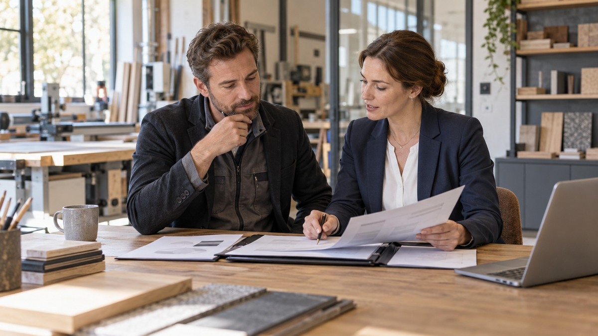 Betriebswirt aus dem Handwerk bespricht mit einer Studienberaterin seinen beruflichen Kompetenznachweis für den MBA
