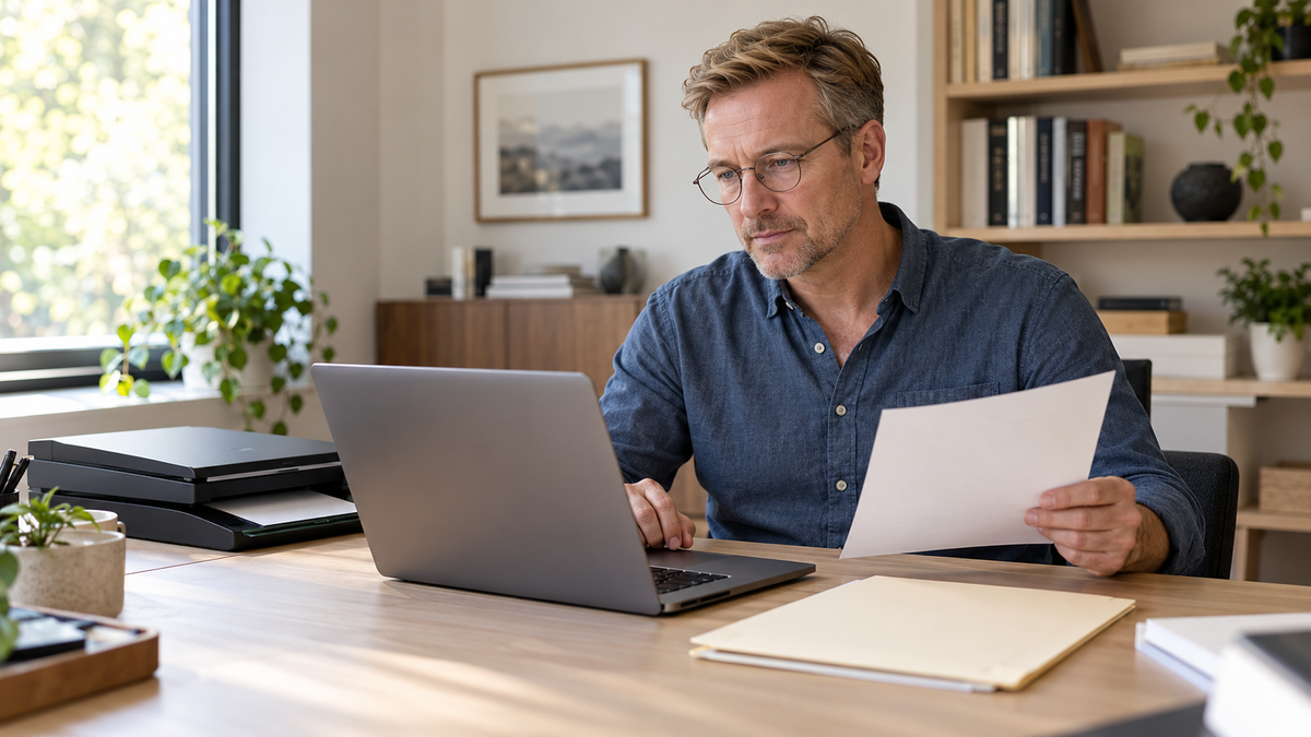Berufserfahrener Mann prüft am Laptop digitale Bewerbungsunterlagen neben einem Scanner und einer Papiermappe.