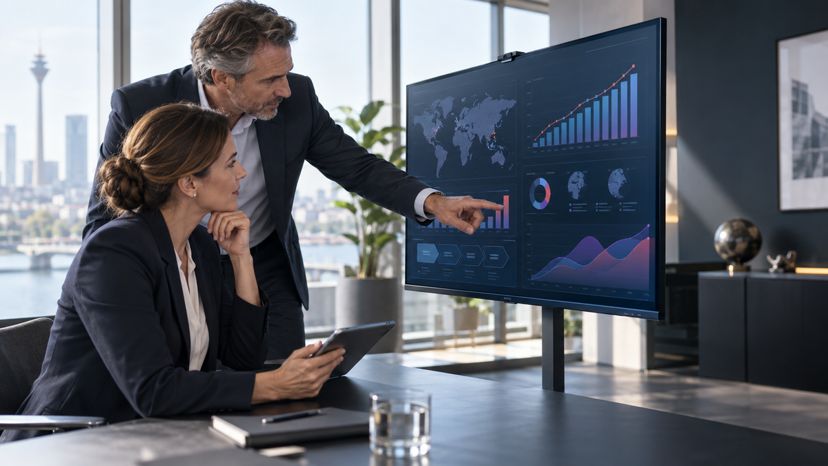 Controllerin und Führungskraft analysieren gemeinsam strategische Unternehmenskennzahlen