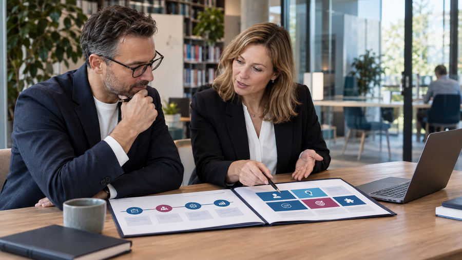 Berufserfahrener Bewerber ordnet mit einer Studienberaterin sein Tätigkeitsprofil für den MBA