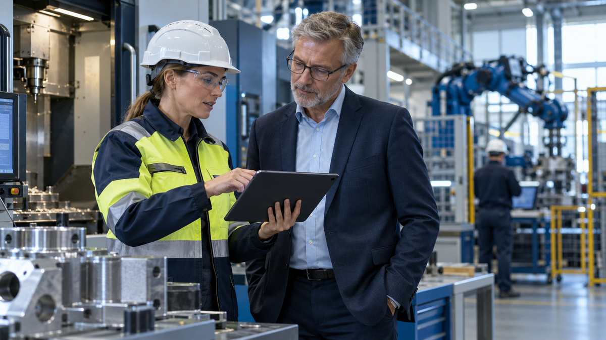 Fachkraft für Arbeitssicherheit bespricht Risiken und Unternehmensstrategie mit einer Führungskraft
