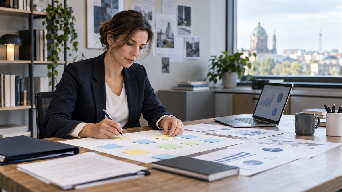 Marketingfachwirtin erstellt am Schreibtisch eine Kompetenzlandkarte für ihre MBA-Bewerbung