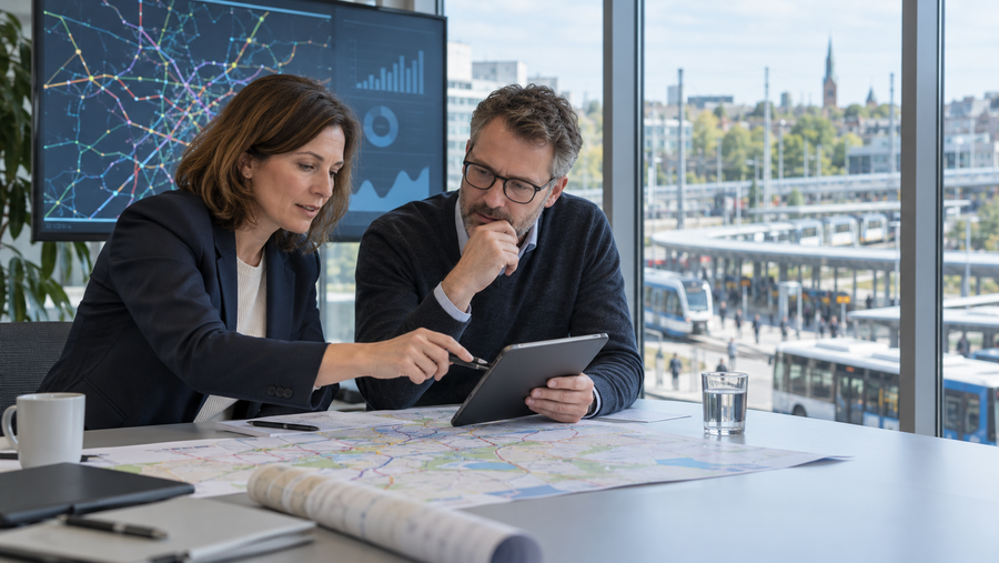 Zwei erfahrene Mobilitätsfachleute analysieren Verkehrsnetz und digitale Mobilitätsstrategie in einem modernen Büro