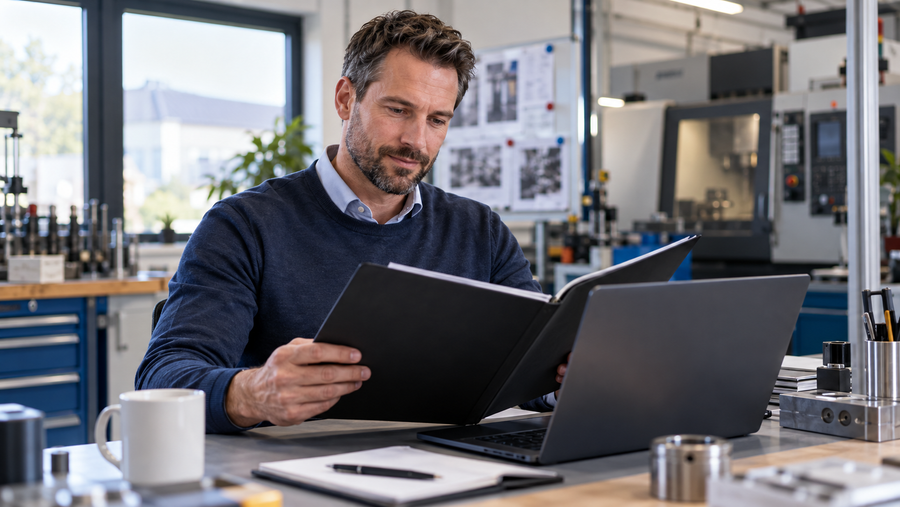 Ein erfahrener Meister bereitet in einem modernen Werkstattbüro sein MBA-Bewerbungsprofil vor