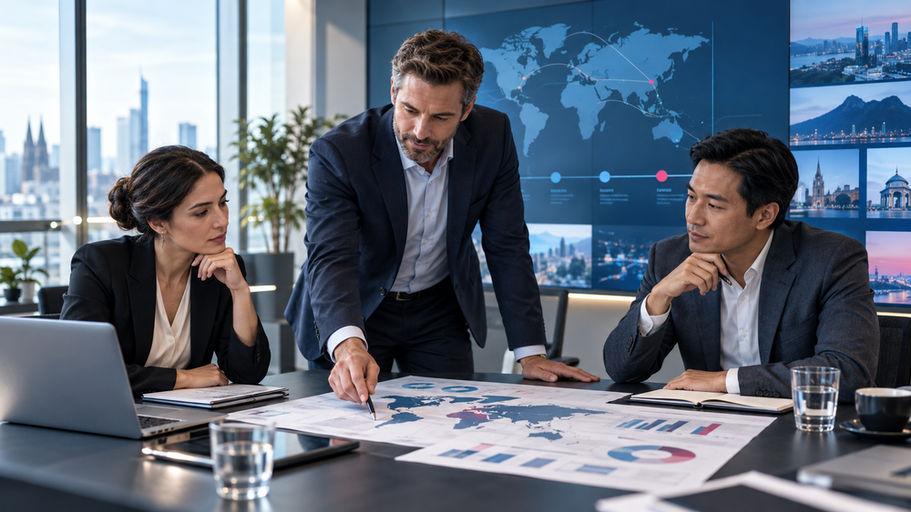Projektleiter entwickelt mit seinem Team eine internationale Unternehmensstrategie