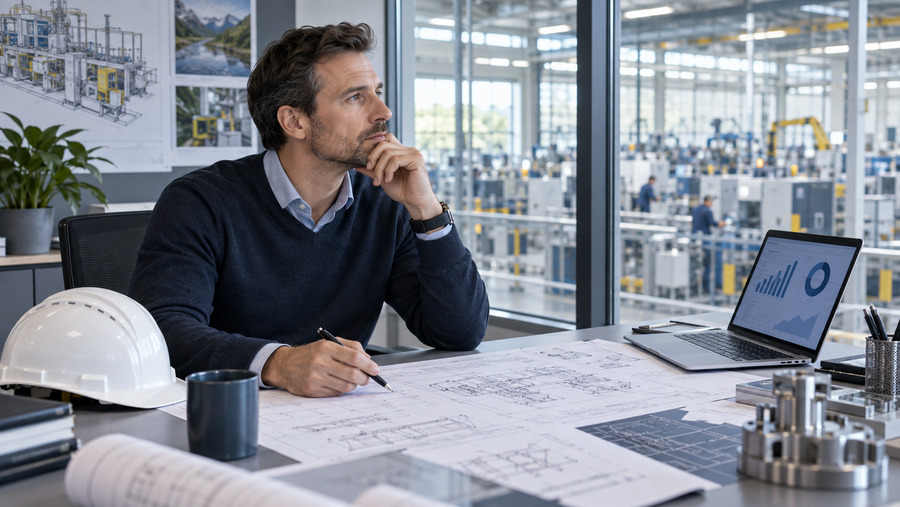 Berufserfahrener Techniker plant mit technischen Unterlagen den nächsten Schritt in Richtung Management