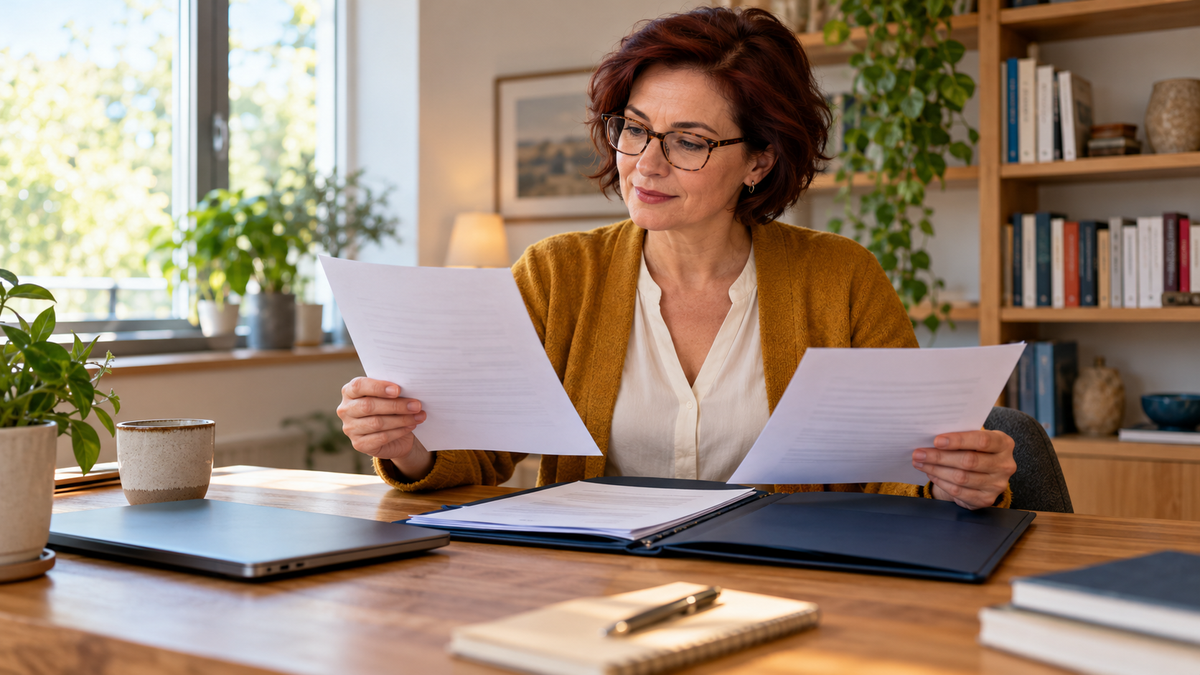 Berufserfahrene Frau mit Brille und senffarbener Strickjacke vergleicht Unterlagen für ihre MBA-Bewerbung an einem Schreibtisch.