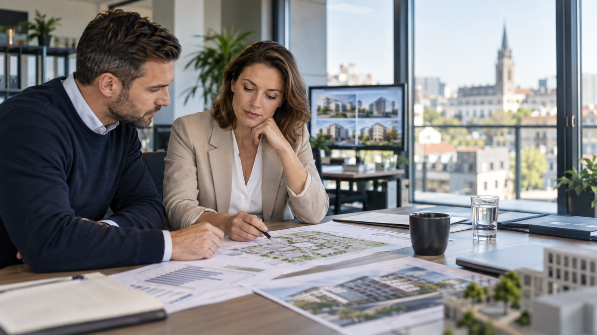 Immobilienfachwirtin und Kollege vergleichen in einem Büro Gebäudepläne und Unterlagen für strategische Portfolioentscheidungen