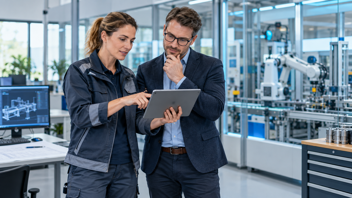 Industriemeisterin Elektrotechnik und kaufmännischer Kollege analysieren in einer modernen Fertigung gemeinsam Daten auf einem Tablet