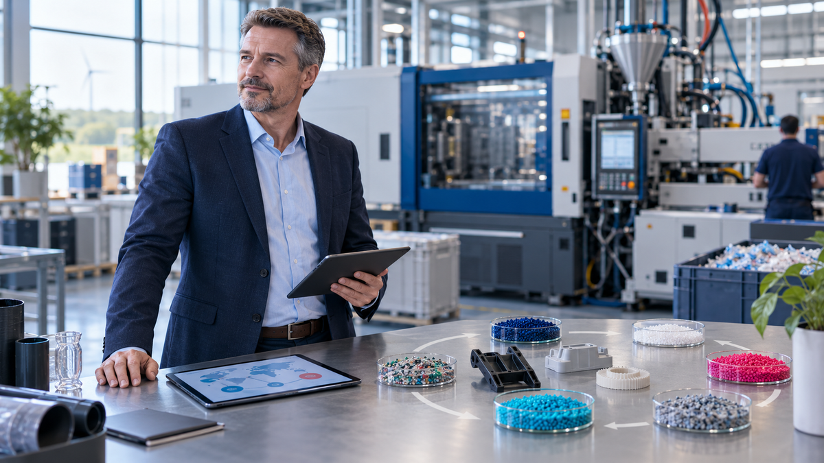 Industriemeister in moderner Kunststofffertigung mit Polymergranulat und Tablet bei strategischer Prozessplanung