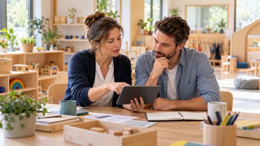Kita-Leiterin und pädagogischer Kollege besprechen am Tablet ihre berufliche Weiterbildung zum MBA