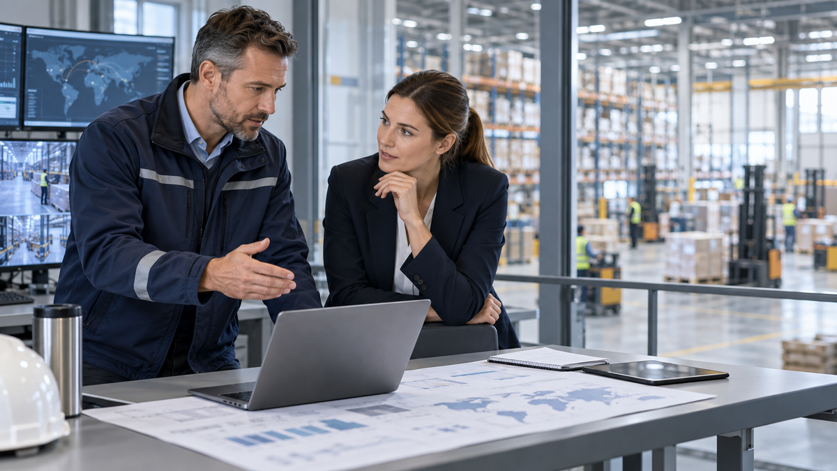 Logistikmeister bespricht im modernen Logistikzentrum strategische Lieferkettenplanung für den MBA
