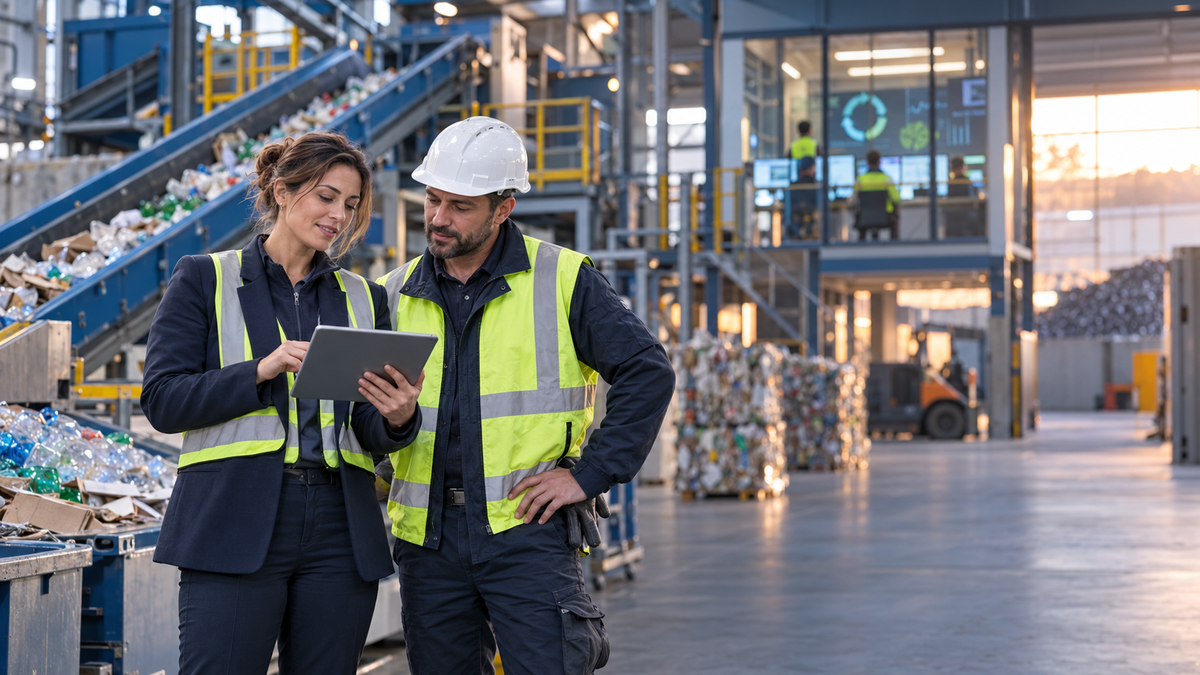 Meisterin und Kollege analysieren Stoffströme in einer modernen Recyclinganlage