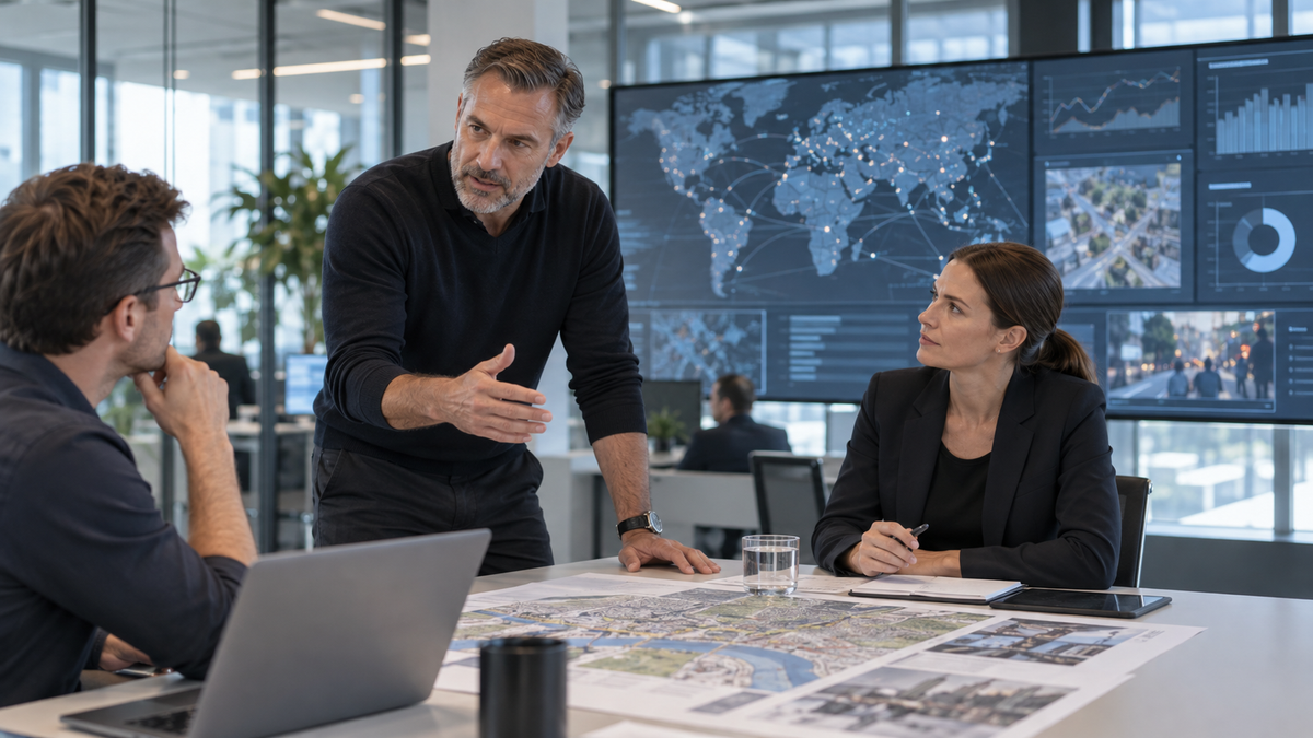 Sicherheitsmanager bespricht mit zwei Kollegen eine strategische Risikoanalyse im modernen Leitstand