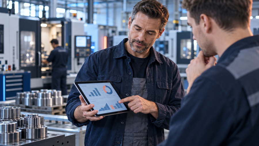 Industriemeister Metall prüft strategische Produktionsdaten für seinen möglichen MBA-Studienweg