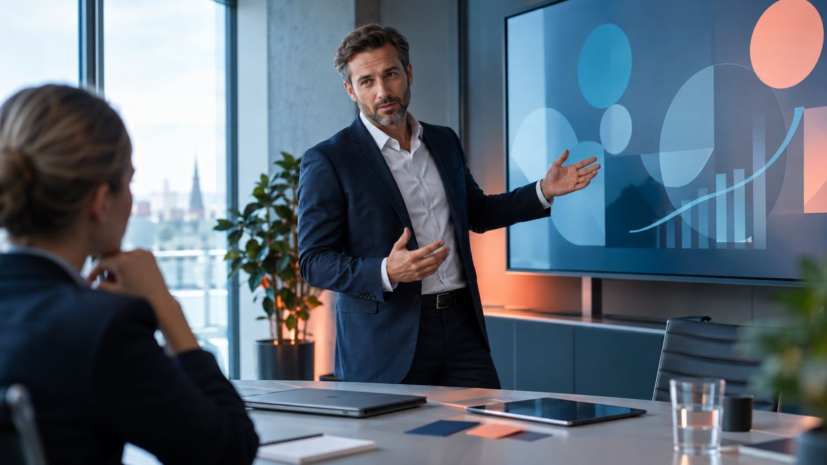 Erfahrener IT-Projektleiter präsentiert eine strategische Roadmap in einem modernen Besprechungsraum