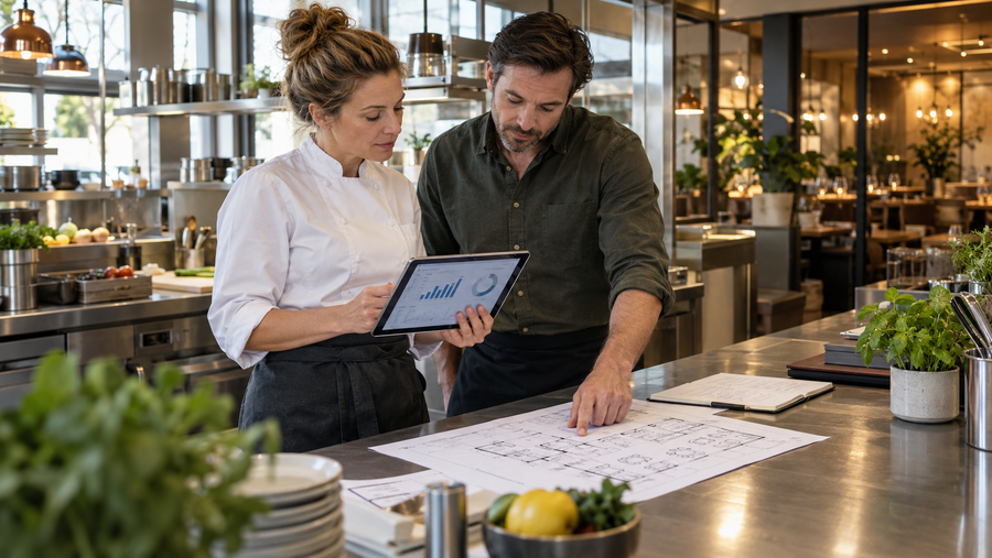 Küchenmeisterin und Kollege planen in einer Restaurantküche mit Tablet und Grundriss die Unternehmensentwicklung