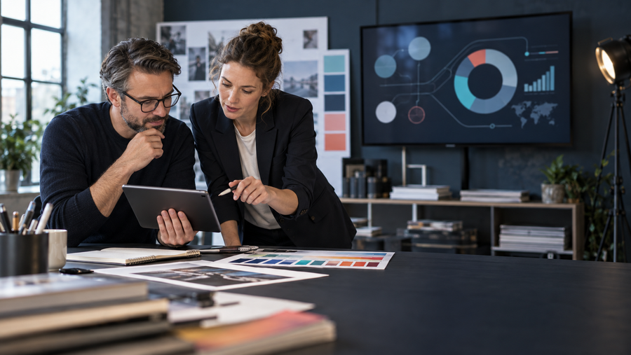 Zwei erfahrene Medienfachleute analysieren digitale Produktionsdaten und Geschäftsstrategie
