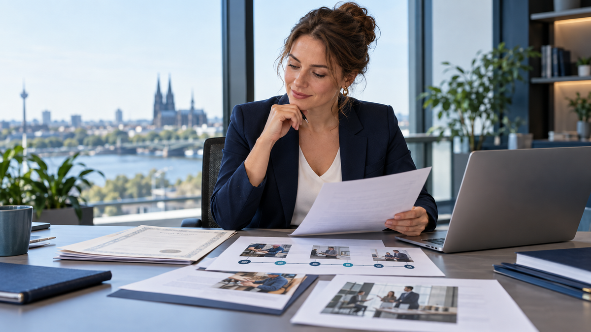 Berufserfahrene Bewerberin prüft Ausbildungs- und Beschäftigungsnachweise für die MBA-Zulassung ohne Bachelor