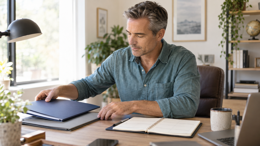 Berufserfahrener Mann ordnet Tätigkeitsnachweise und einen persönlichen Zeitplan an einem hellen Schreibtisch