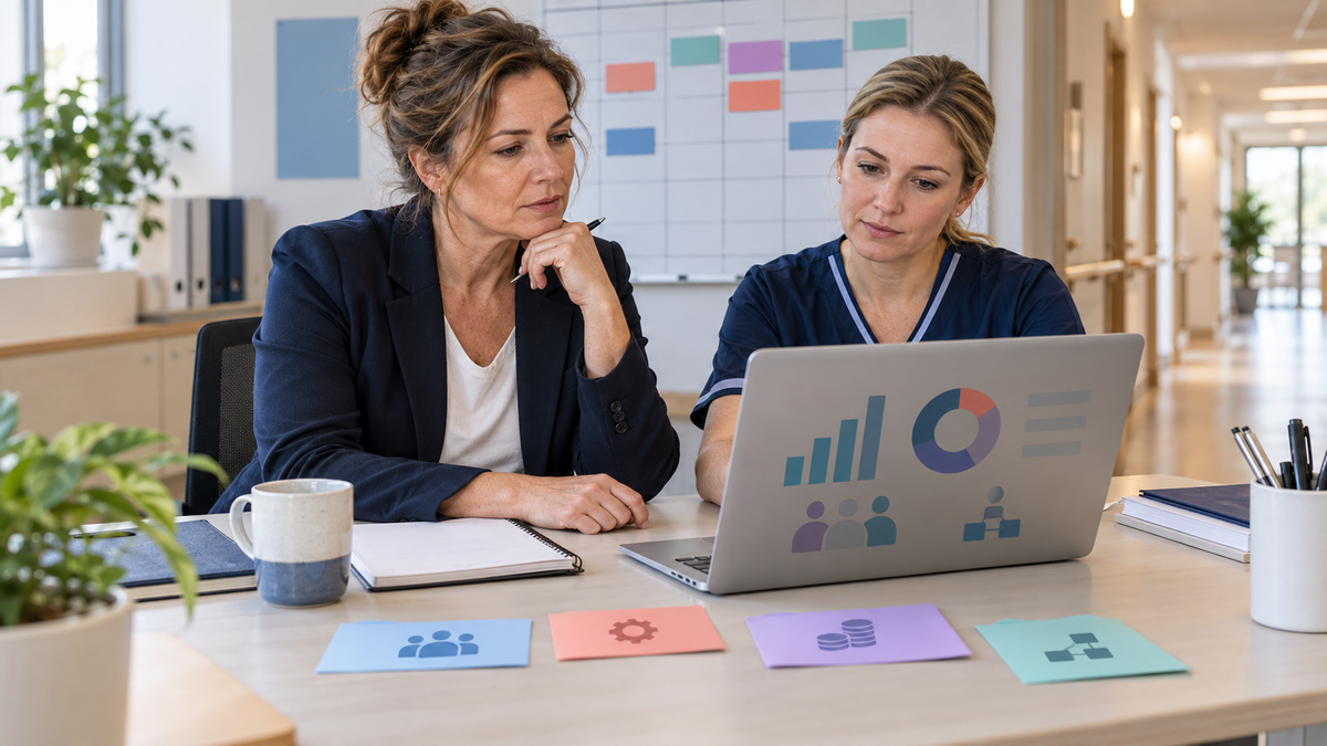 Pflegedienstleiterin und Pflegefachkraft besprechen Personalplanung und Qualitätskennzahlen