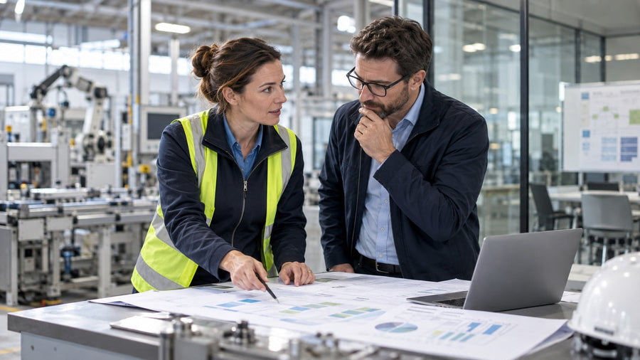 Technische Fachwirtin und Kollege verbinden Produktionsplanung mit strategischen Managemententscheidungen