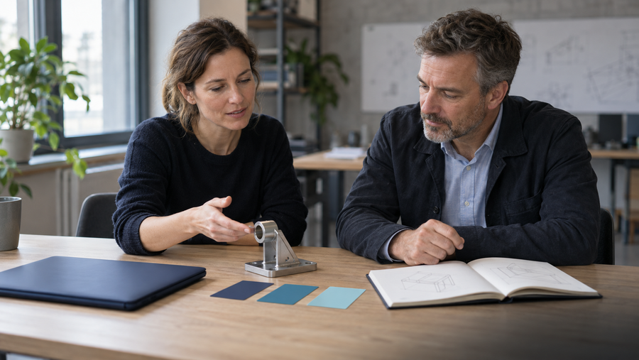 Erfahrene Technikerin und Teamleiter vergleichen an einem Tisch ein Metallmodell und leere Karten zur Organisation eines Konstruktionsauftrags.