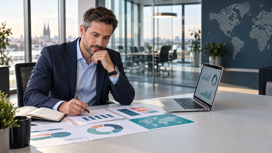 Berufserfahrener Wirtschaftsfachwirt analysiert Unternehmensdaten für die Entscheidung über ein MBA-Studium