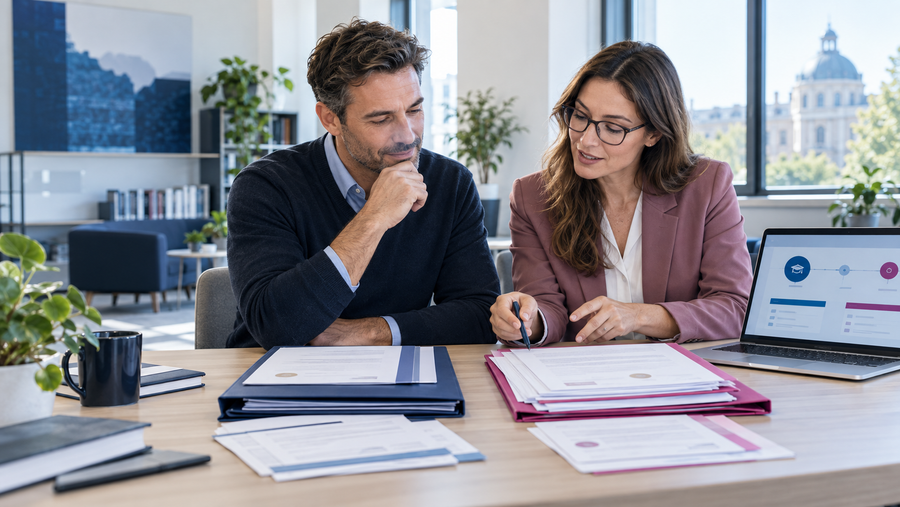 Ein berufserfahrener Interessent vergleicht mit einer Studienberaterin Unterlagen für MBA-Zulassung und Anrechnung